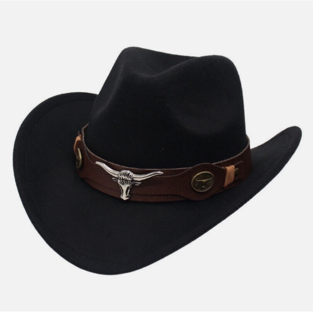 Women's Black Cowboy Western Fedora Rodeo Faux-Sued Hat with Longhorn details